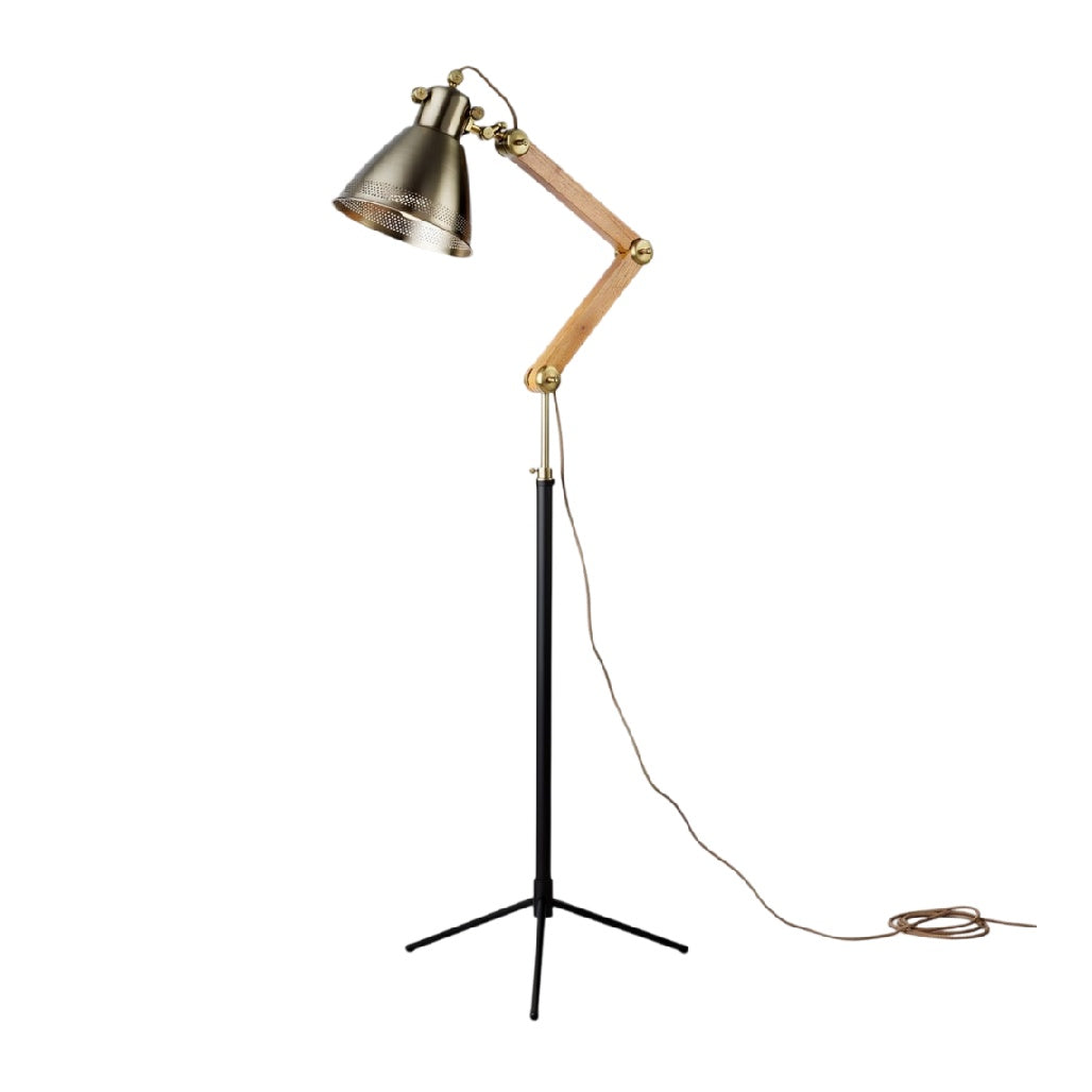 **Verstelbare vloerlamp met metalen en houten elementen**